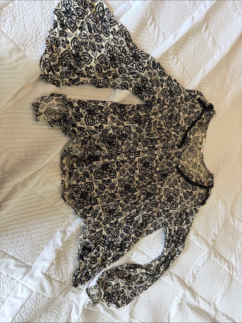 Black and Cream Floral Long-bell Sleeve Blouse
